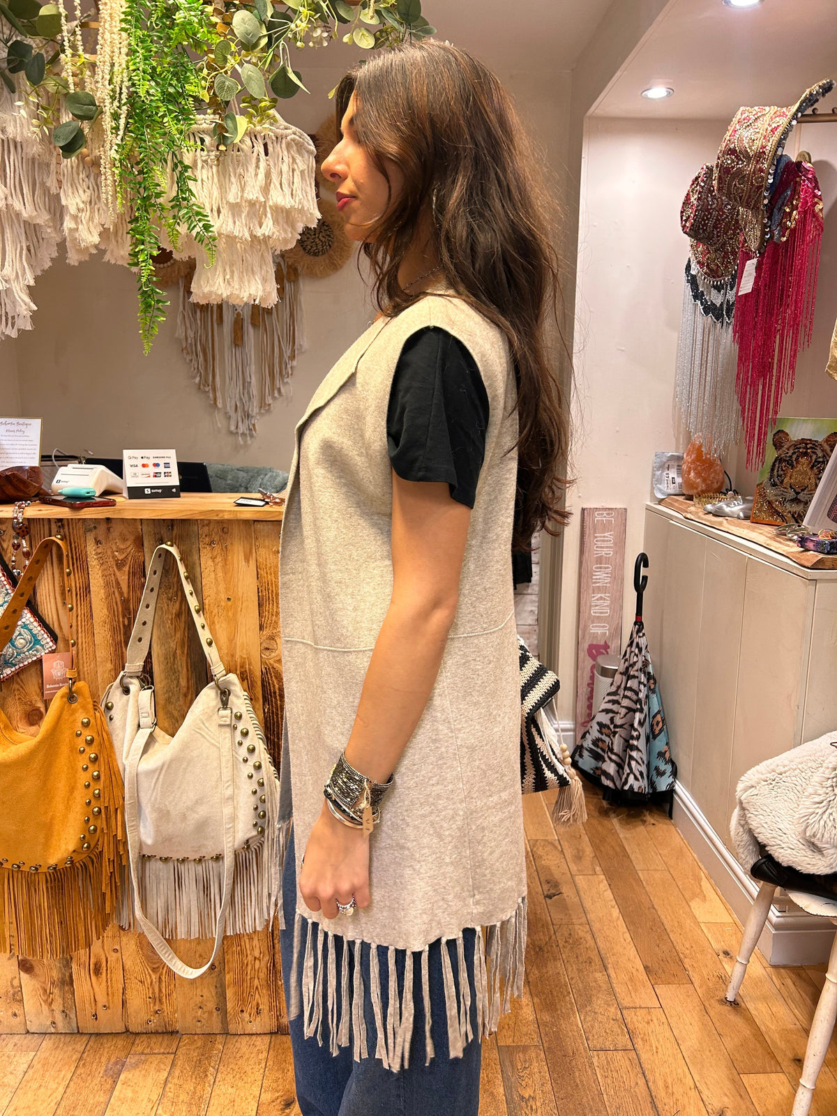 Fine Knit Fringe Tassel Sleeveless Cardi one size 8-12