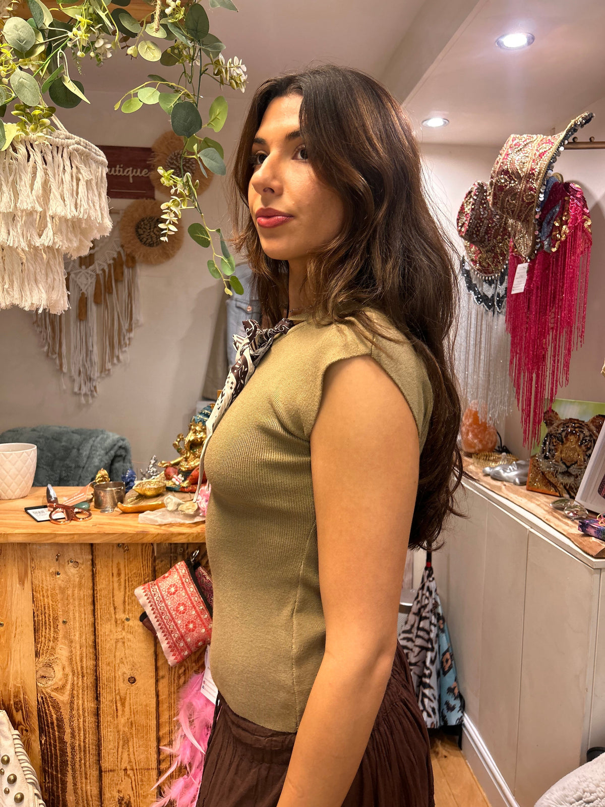 Khaki Knitted Vest with Neck Tie Scarf one size 8-12