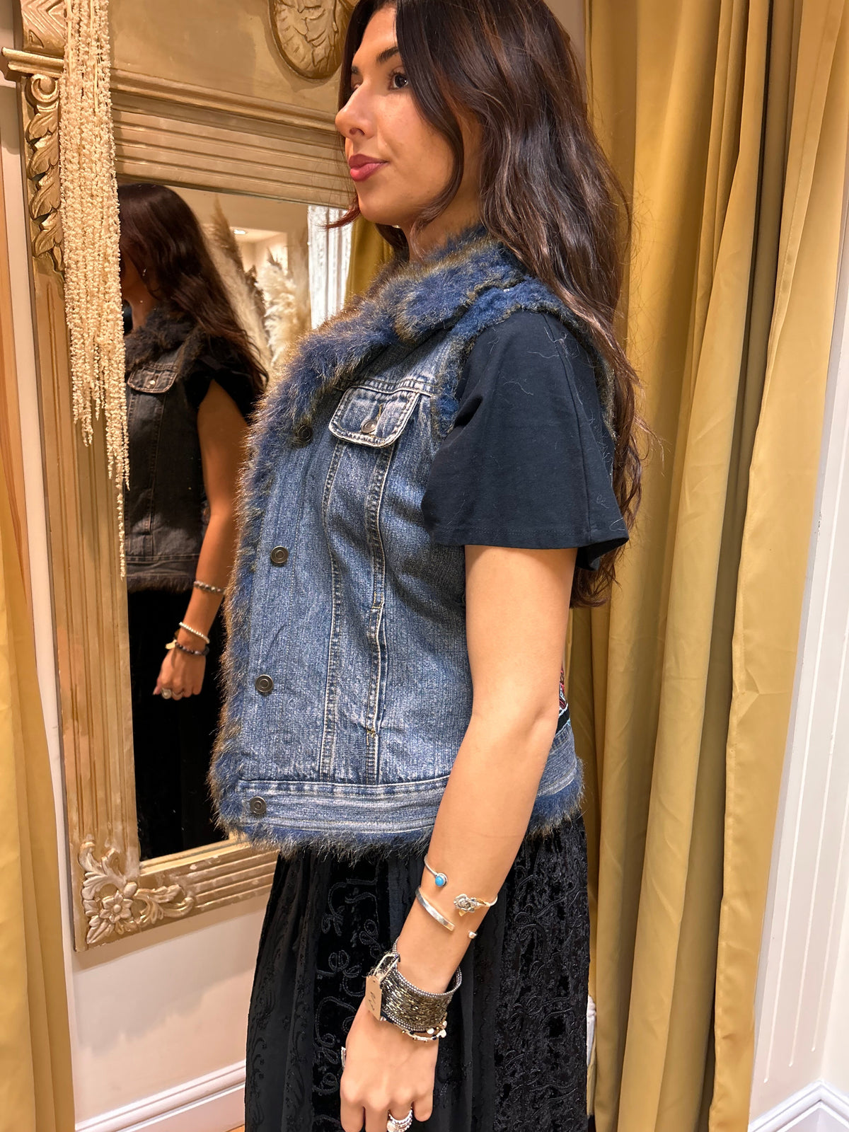 Reworked Denim Waistcoat – Fur Trim, Silver Tassel & Embroidered Back one size 8-12
