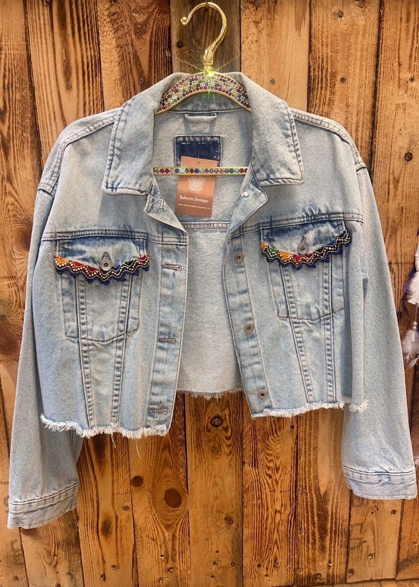 Customised Cropped Abstract Denim Jacket  Detail size 16