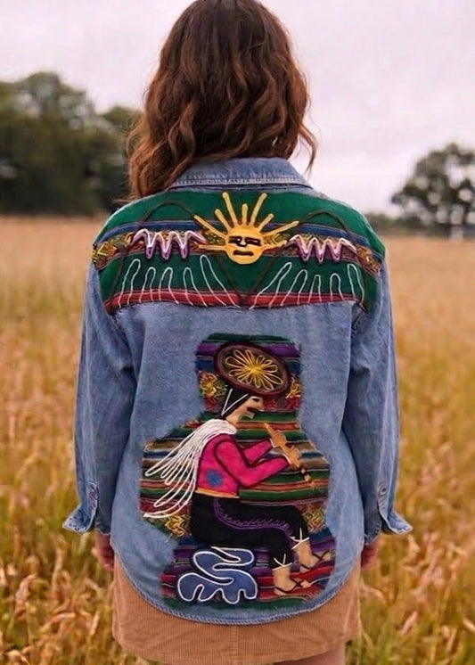 Customised Denim shirt Aztec appliqué size 18-20