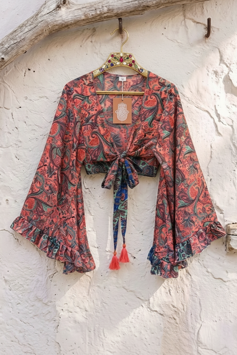 Aura Bell Sleeve Butterfly Cropped Top – Coral one of a kind Print