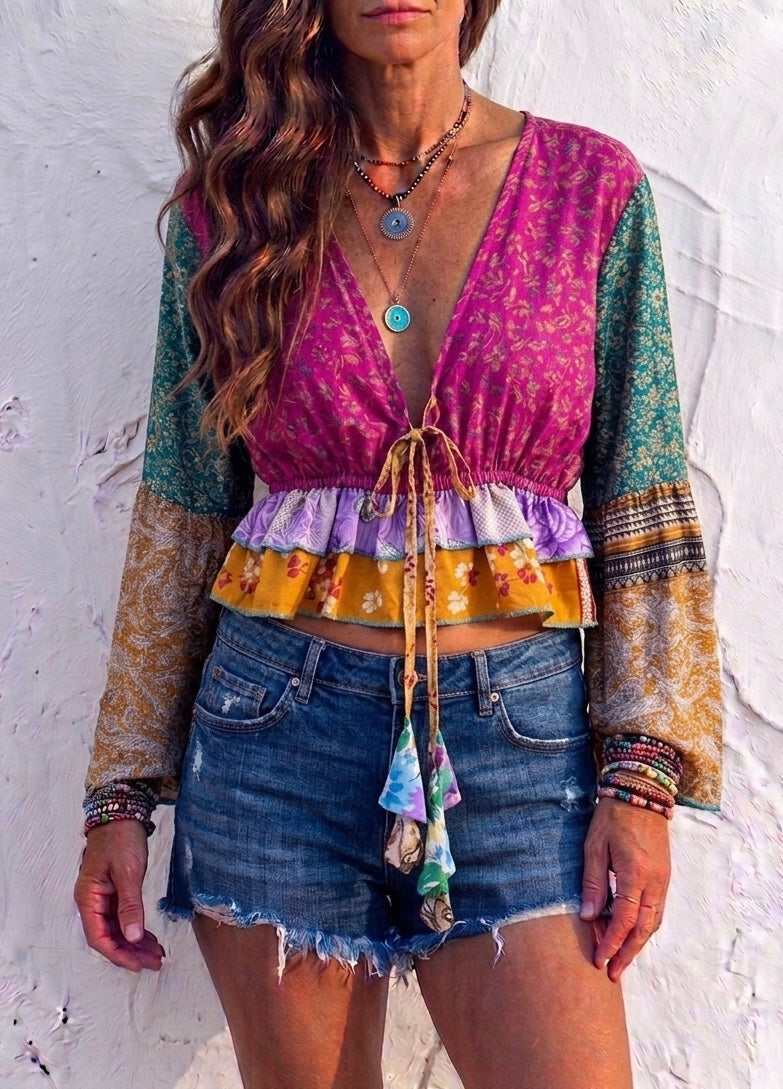 Karma Patchwork Recycled Sari Silk Bell sleeve Top one size 8-10
