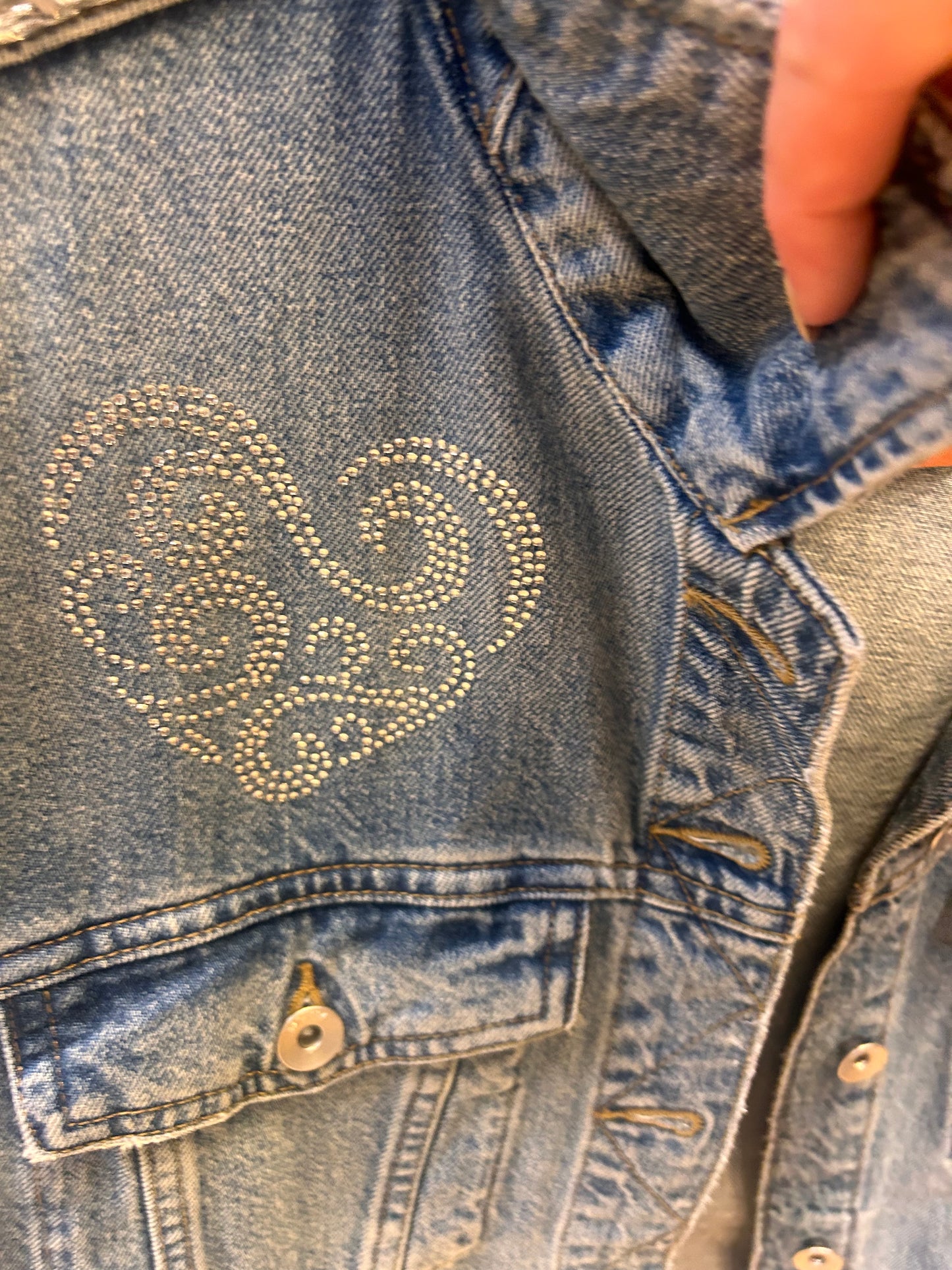 Customised Denim Jacket – Heart diamanté & bead tassel Detail size 18