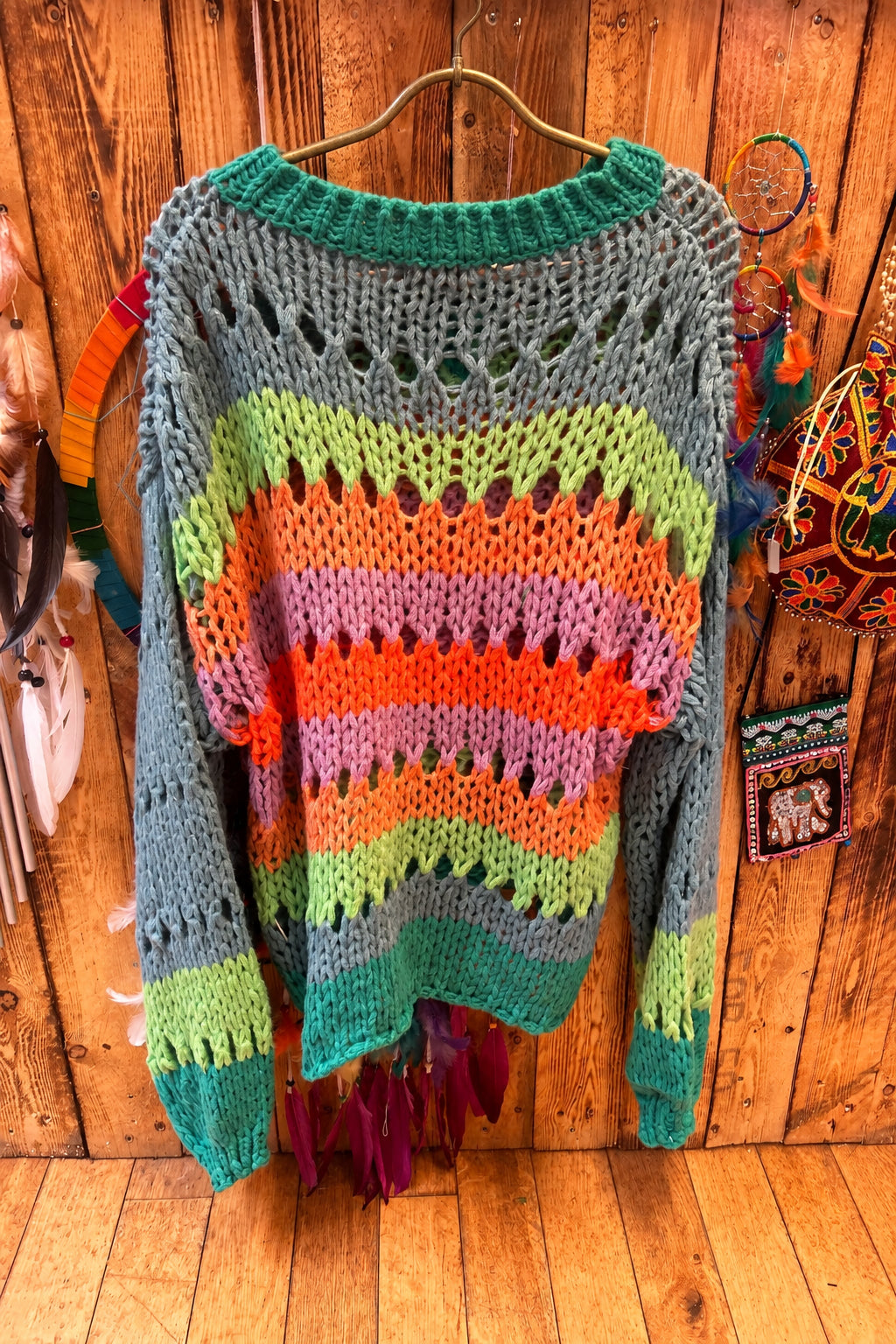 Colourful Chunky Open Knit Jumper – One Size 10–14