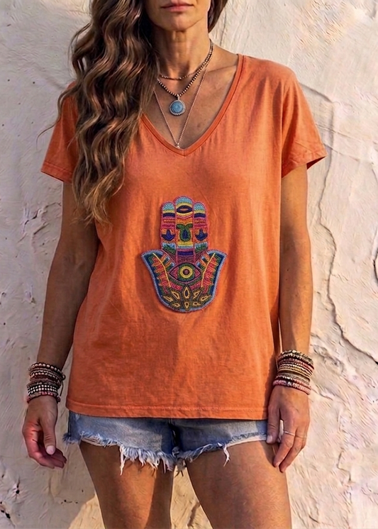 Hamsa Hand Beaded Motif T-Shirt Orange one size 8-12