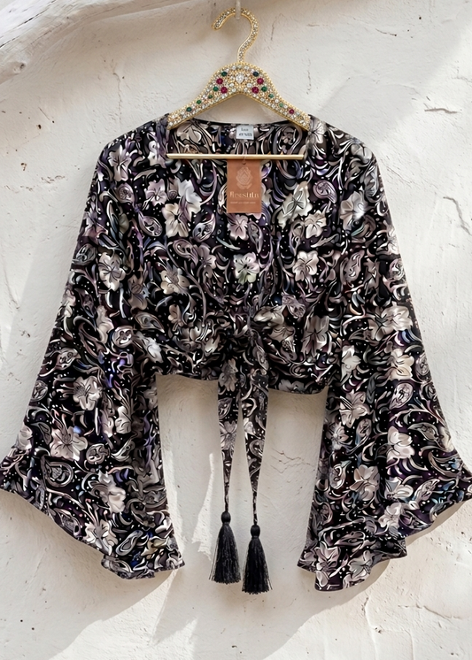 Butterfly Bell Sleeve  Cropped Top – Black one of a kind Print one size 8-12