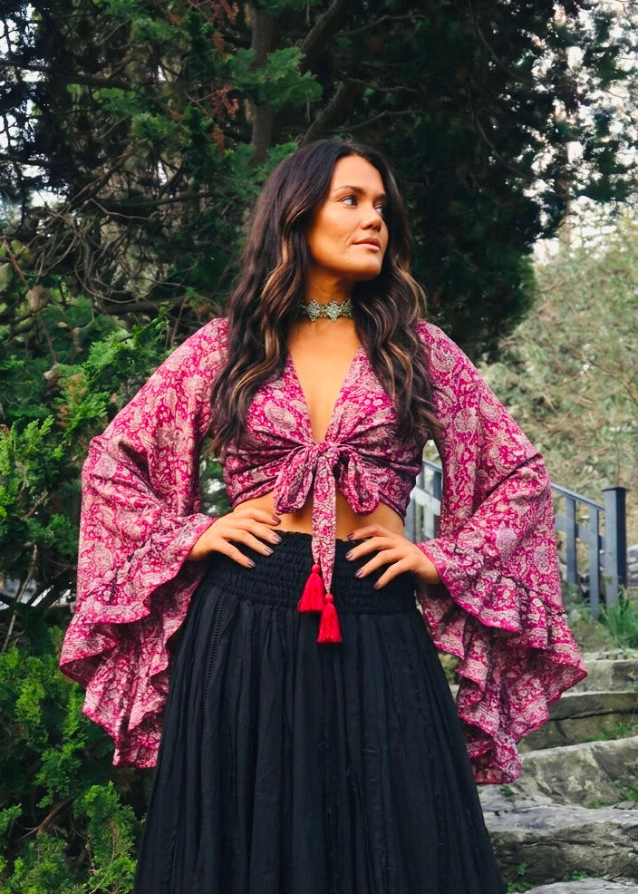 Bell Sleeve Butterfly Top – Dark Red Paisley Print