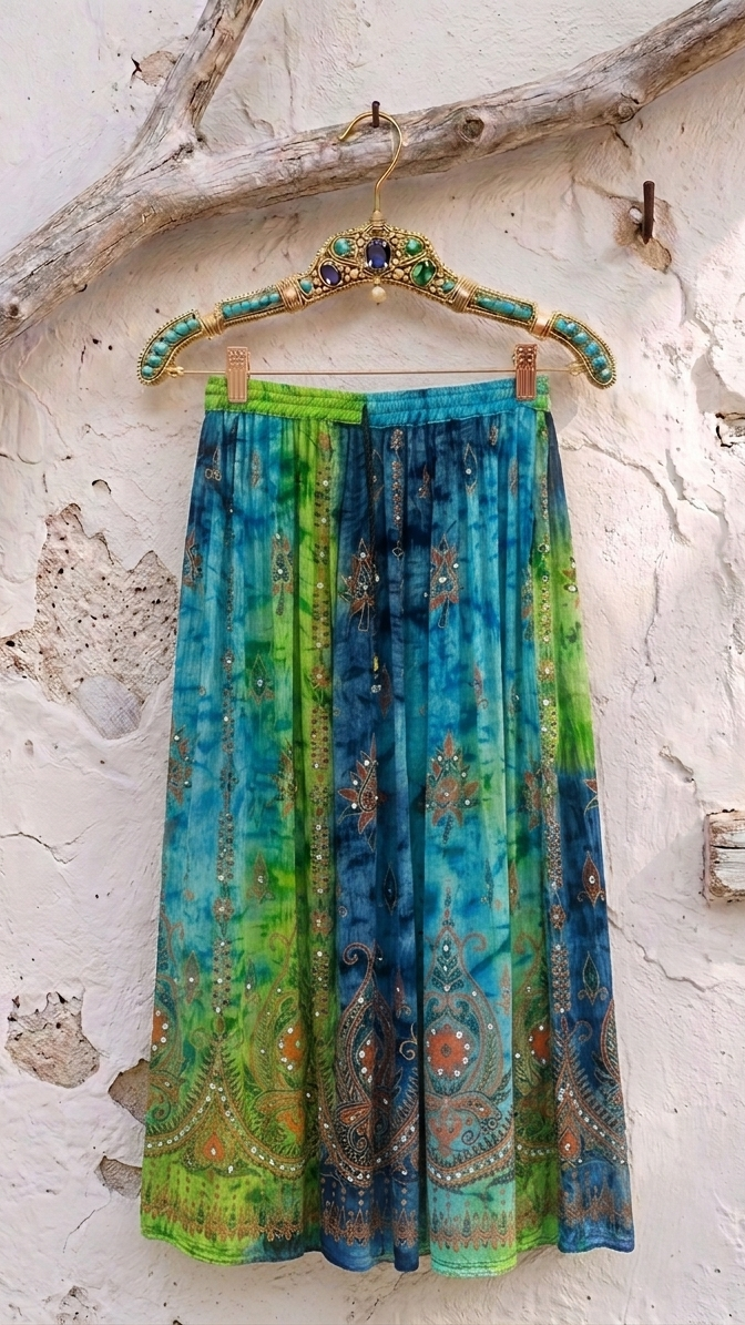 Shakti Green & Blue Hand Embellished Sequin & Bead Maxi Skirt