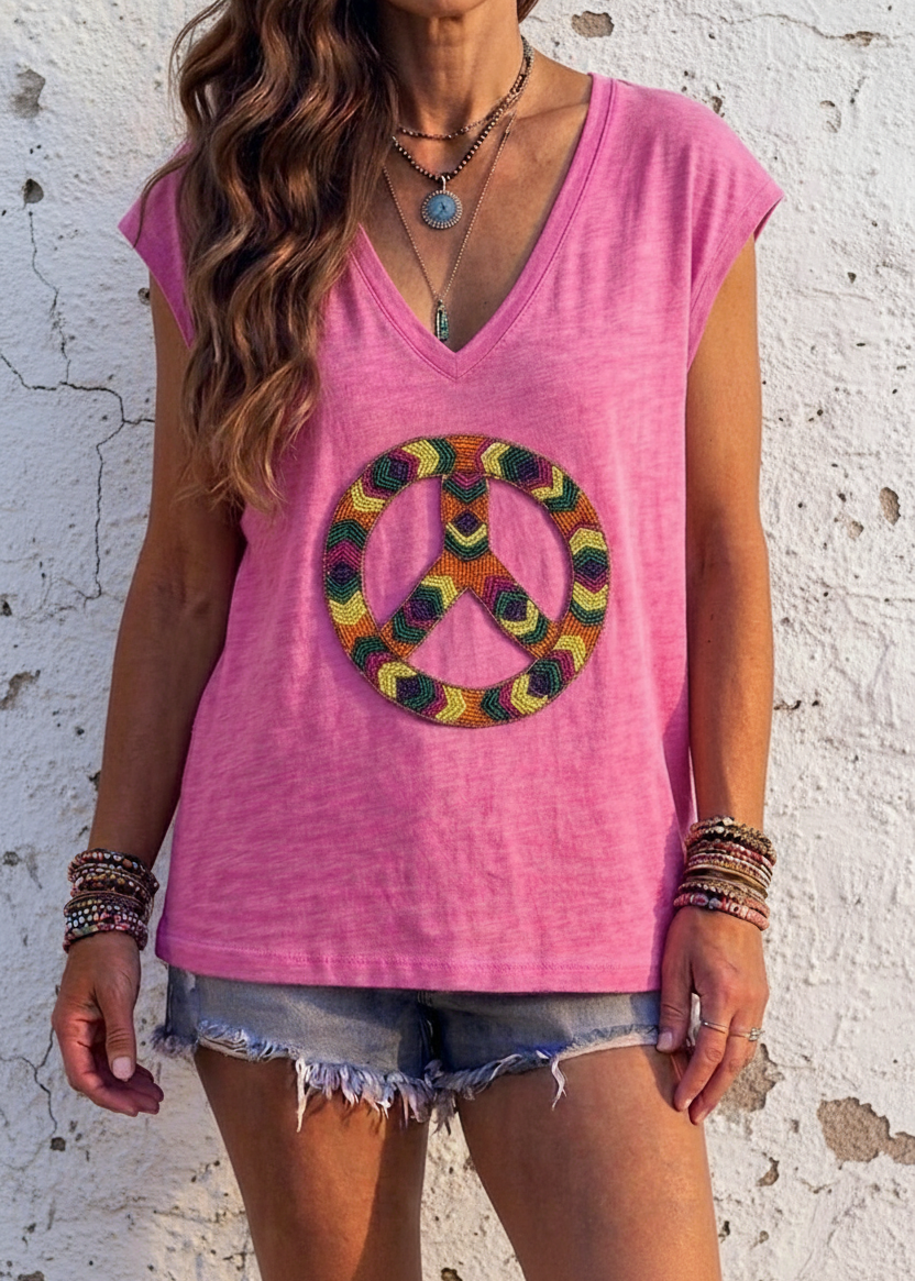 Peace Hand Beaded Motif T-Shirt Bright Pink