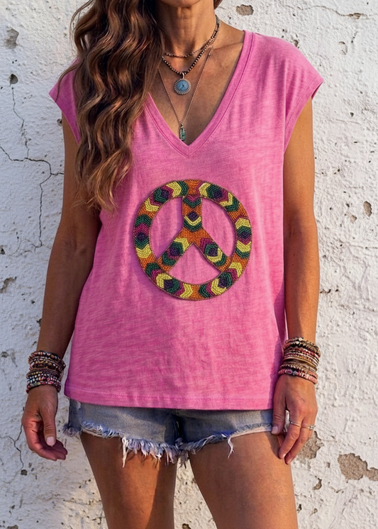 Peace Hand Beaded Motif T-Shirt Bright Pink