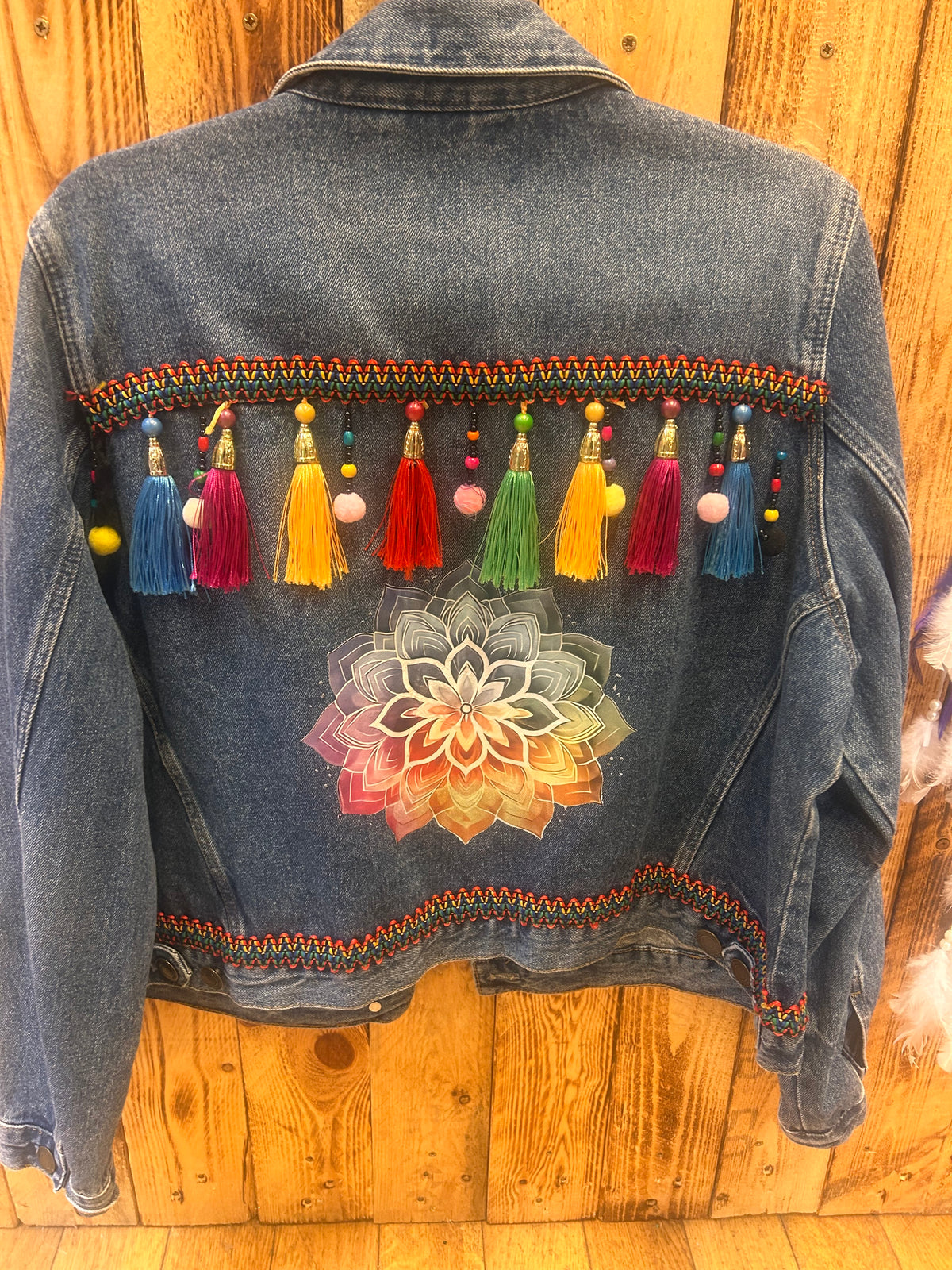 Customised Denim Jacket – Chakra Mandala & Tassel Detail size 14