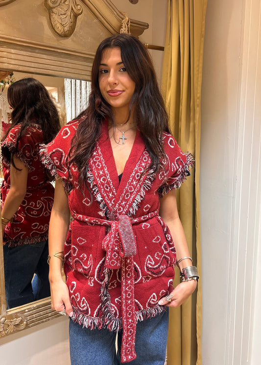 Dark Red Paisley Knitted Waistcoat Cardigan with Belt & Frayed Edges