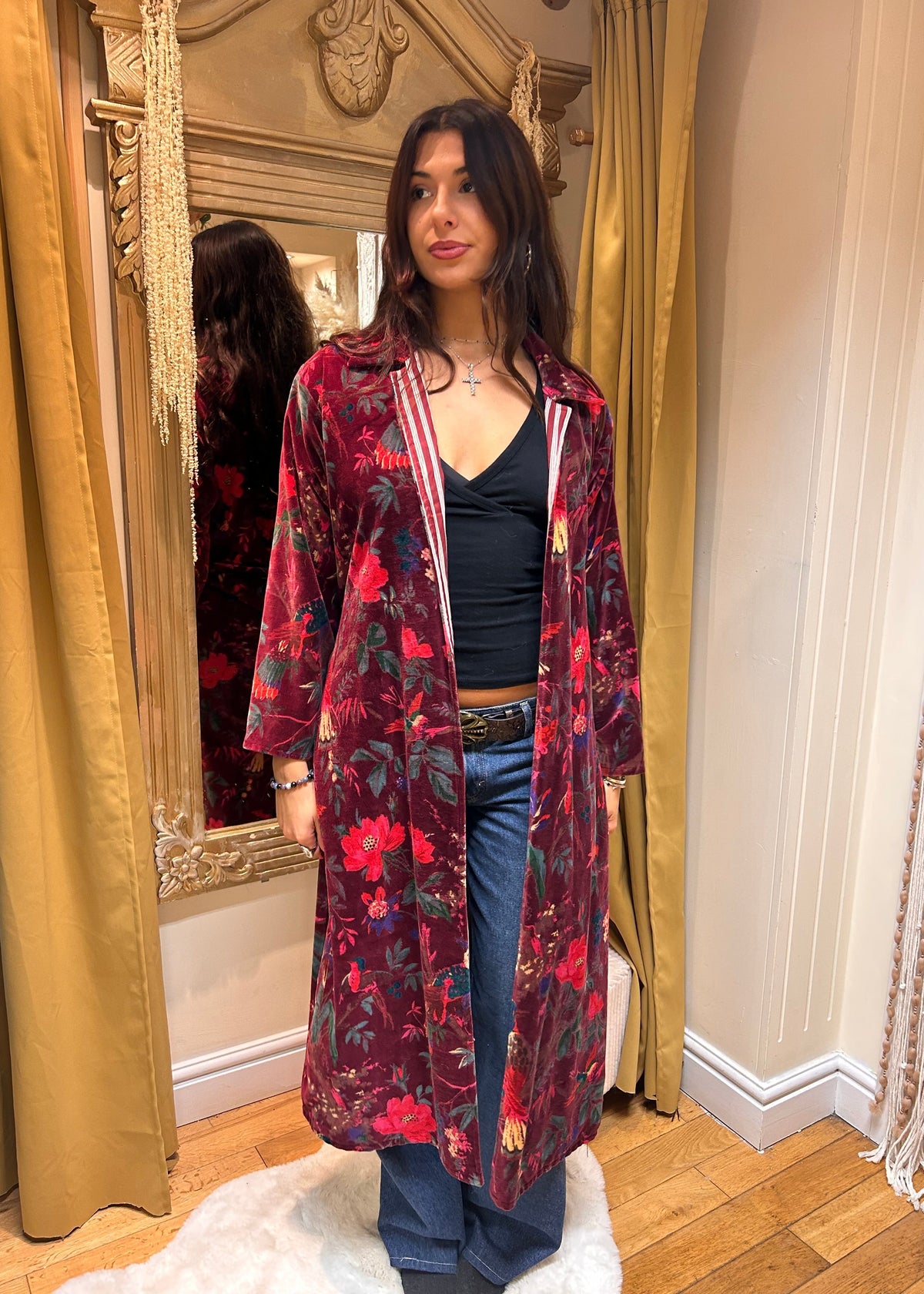 Floral Velvet Long Jacket – Dark Red & Multi one size 8-12