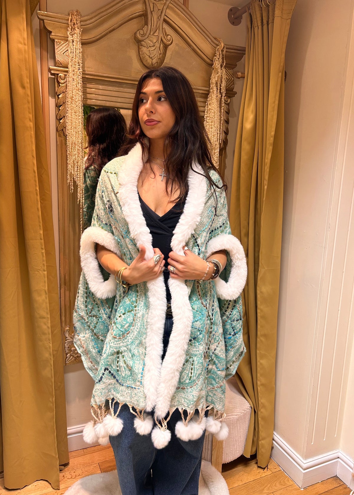 Mint Paisley Pashmina Wrap with Faux Fur Trim & Pom-Pom Fringe