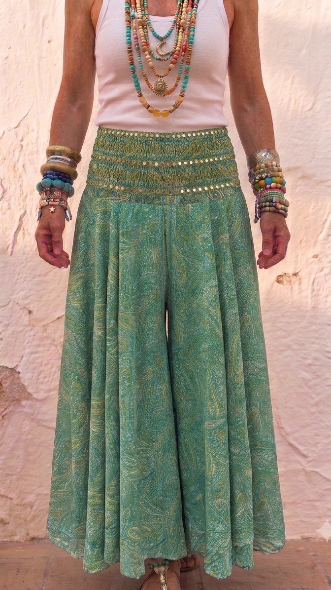 Indra bright green embellished Boho Palazzo Pants one size 10-14