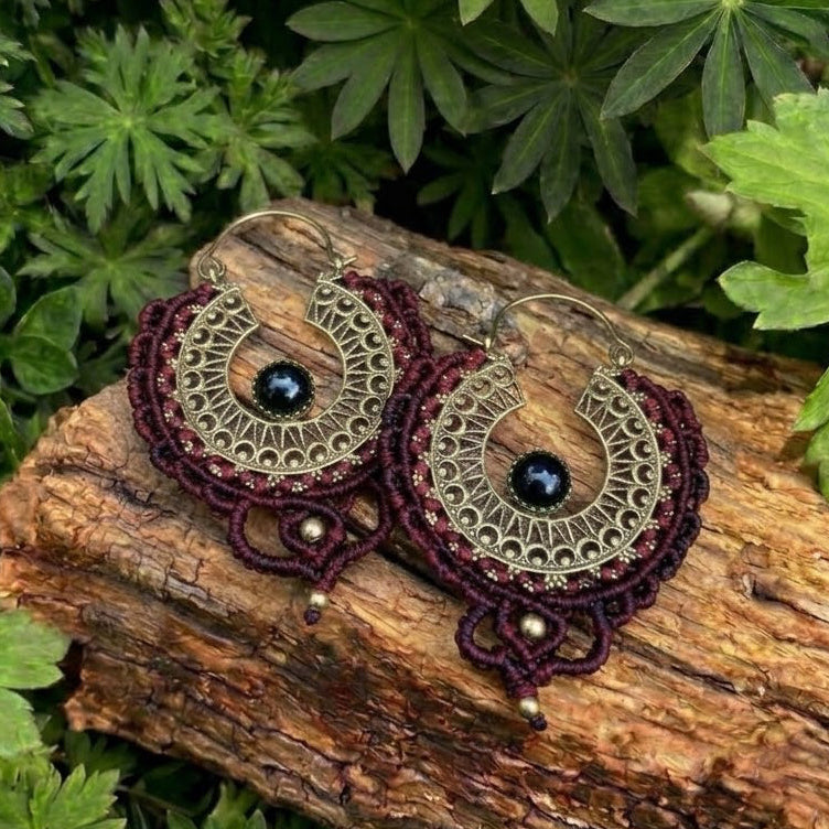 Dark Red Macramé, Brass & Black Onyx Earrings