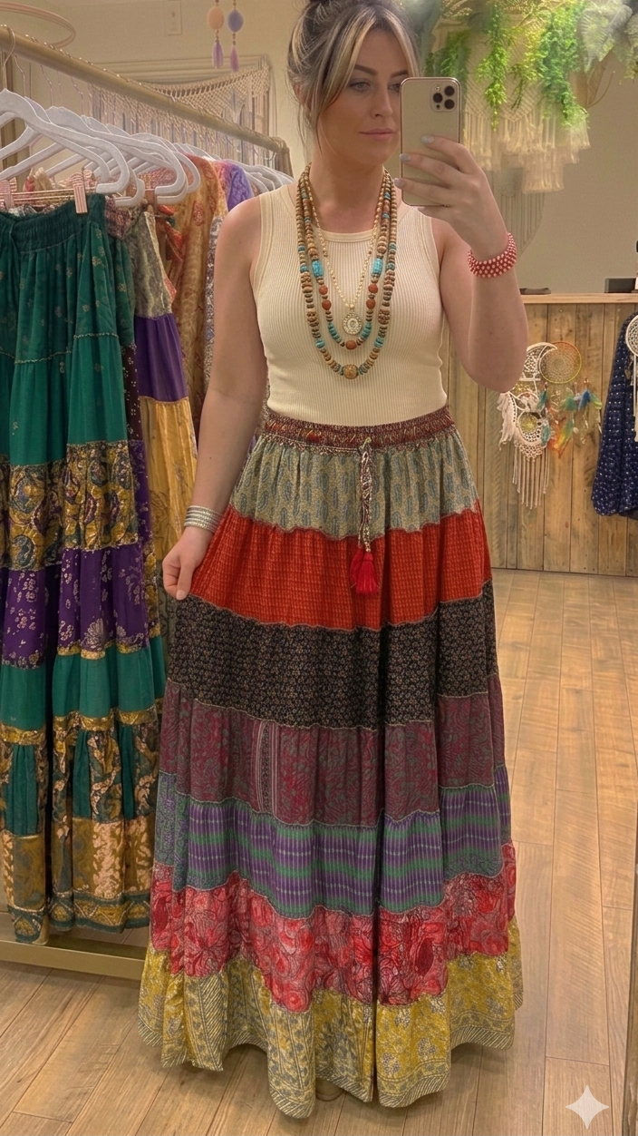 Gypsy Soul Boho Patchwork Maxi Skirt.
