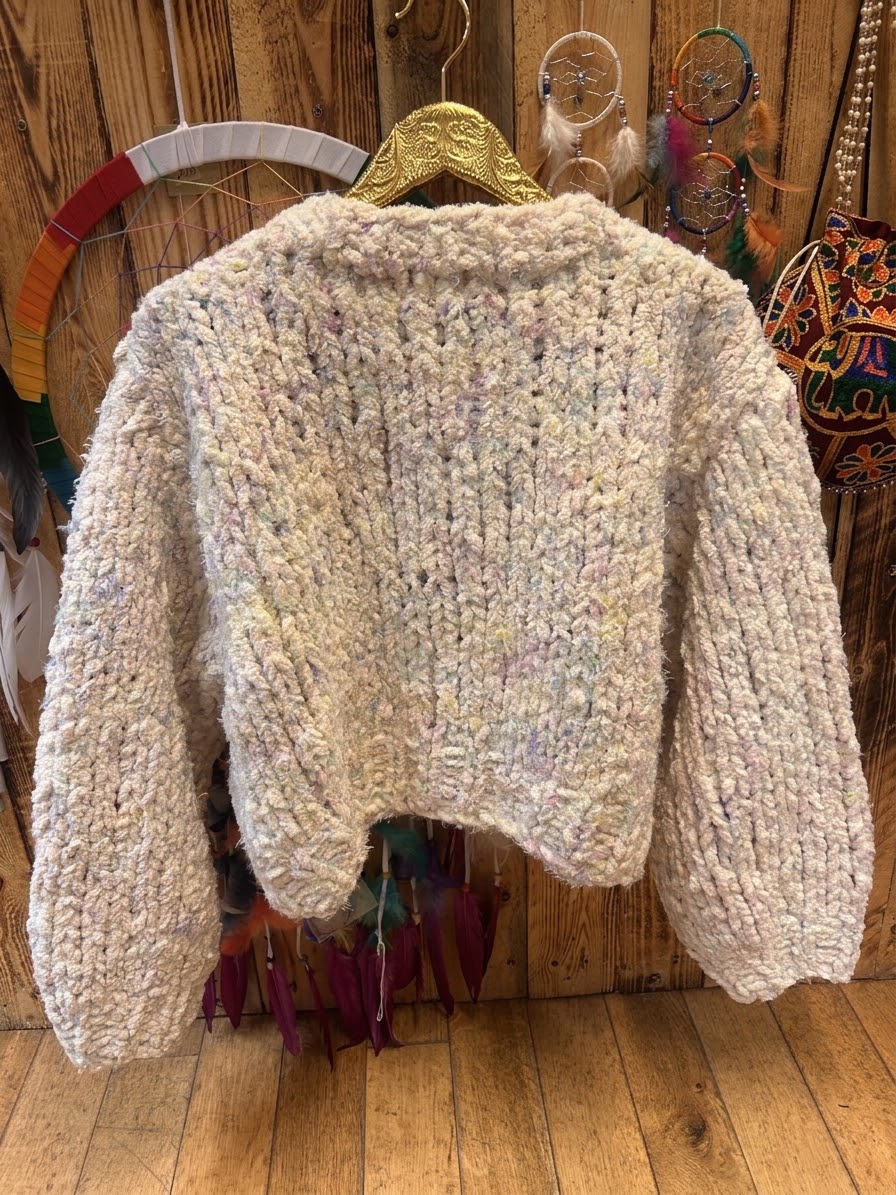 Cream Marl Chunky Cardigan with Colourful Felt Detail – One Size 10–14