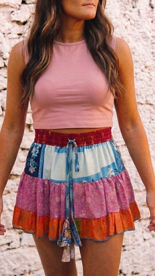 Devi Patchwork Recycled Sari Silk Mini Skirt one Size 8-10