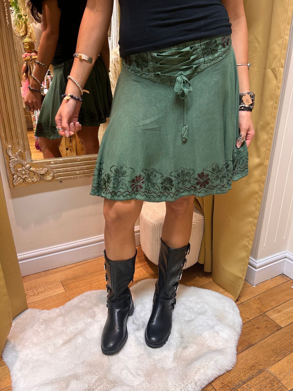 Embroidered Skater Skirt – Forest Green one size 8-14