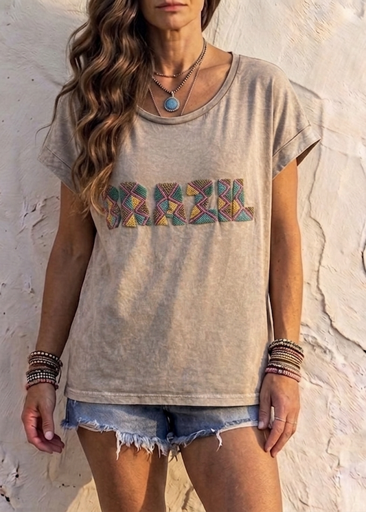 Brazil Hand Beaded Motif T-Shirt – Washed Stone one size 8-12