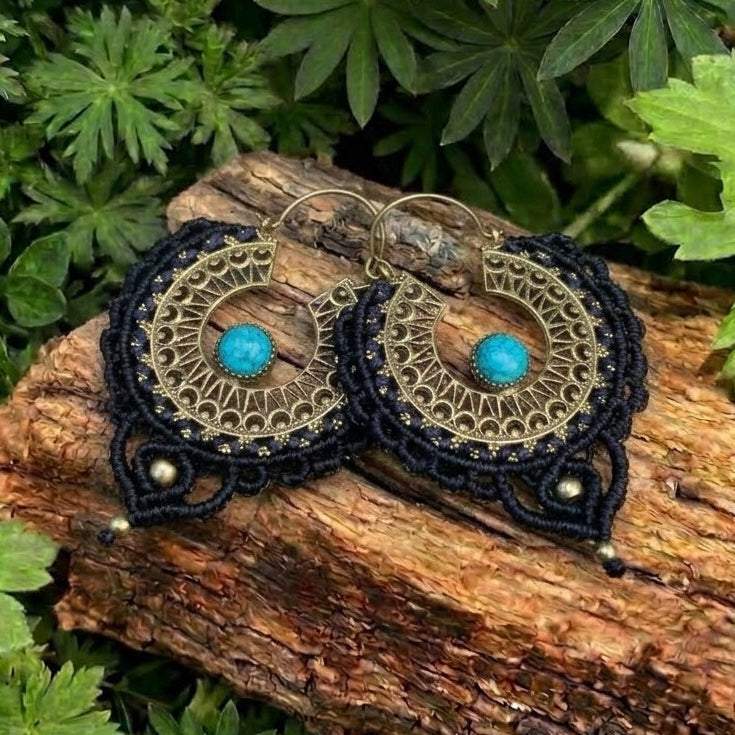 Black Macramé, Brass & Turquoise Stone Earrings