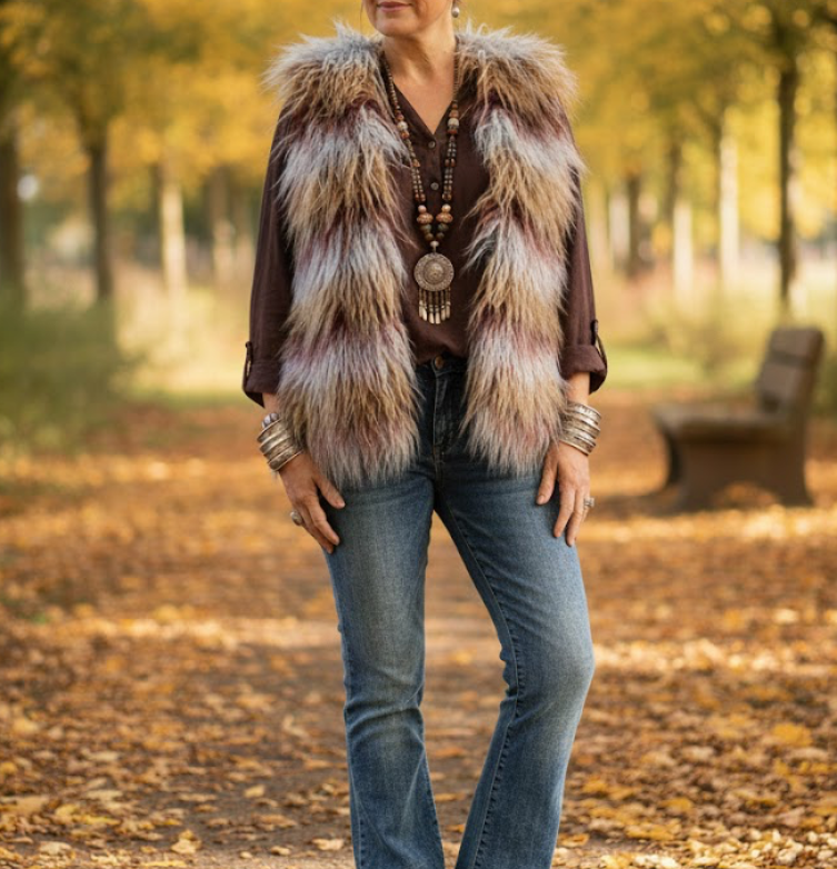 Shaggy dark red, grey, beige Faux Fur Gilet