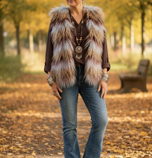 Shaggy dark red, grey, beige Faux Fur Gilet