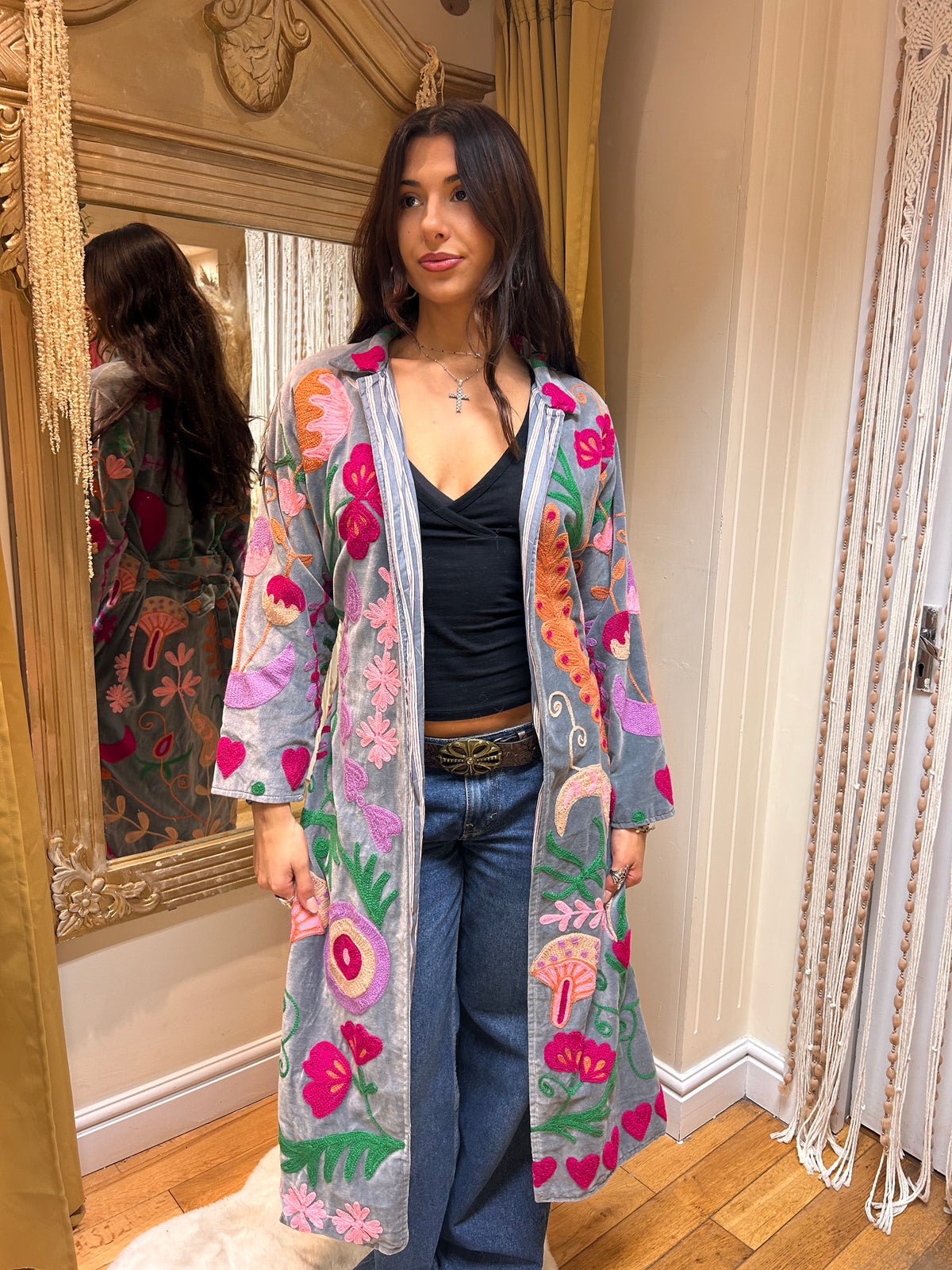 Pale Grey Suzani Hand Embroidered Velvet Coat – One size 8-12