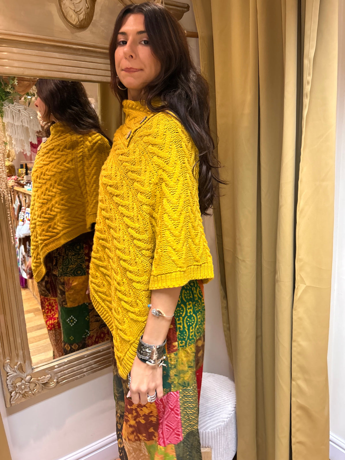 Cable Knit Button Neck Poncho – Mustard one size 8-16