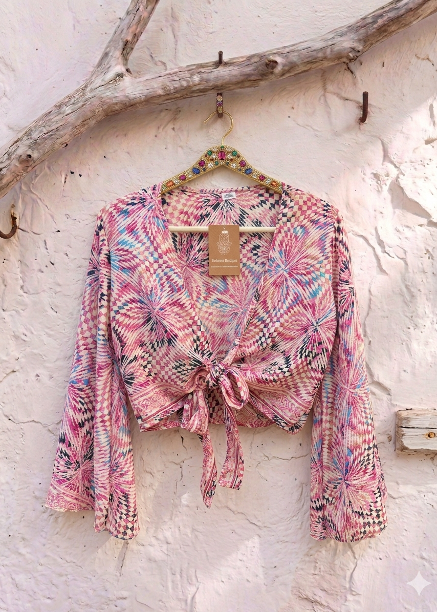 Flow Bell Sleeve Butterfly Top – Pink one of a kind print