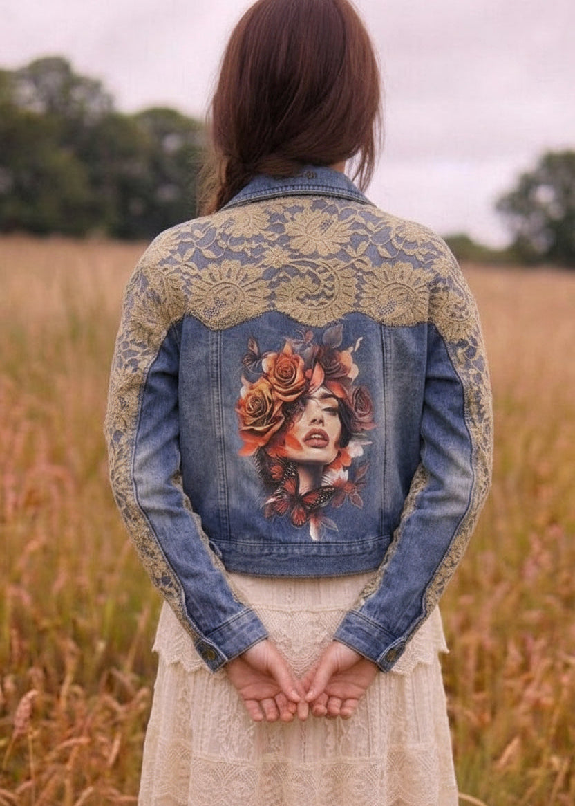 Customised Denim Jacket – Lace detail size 10