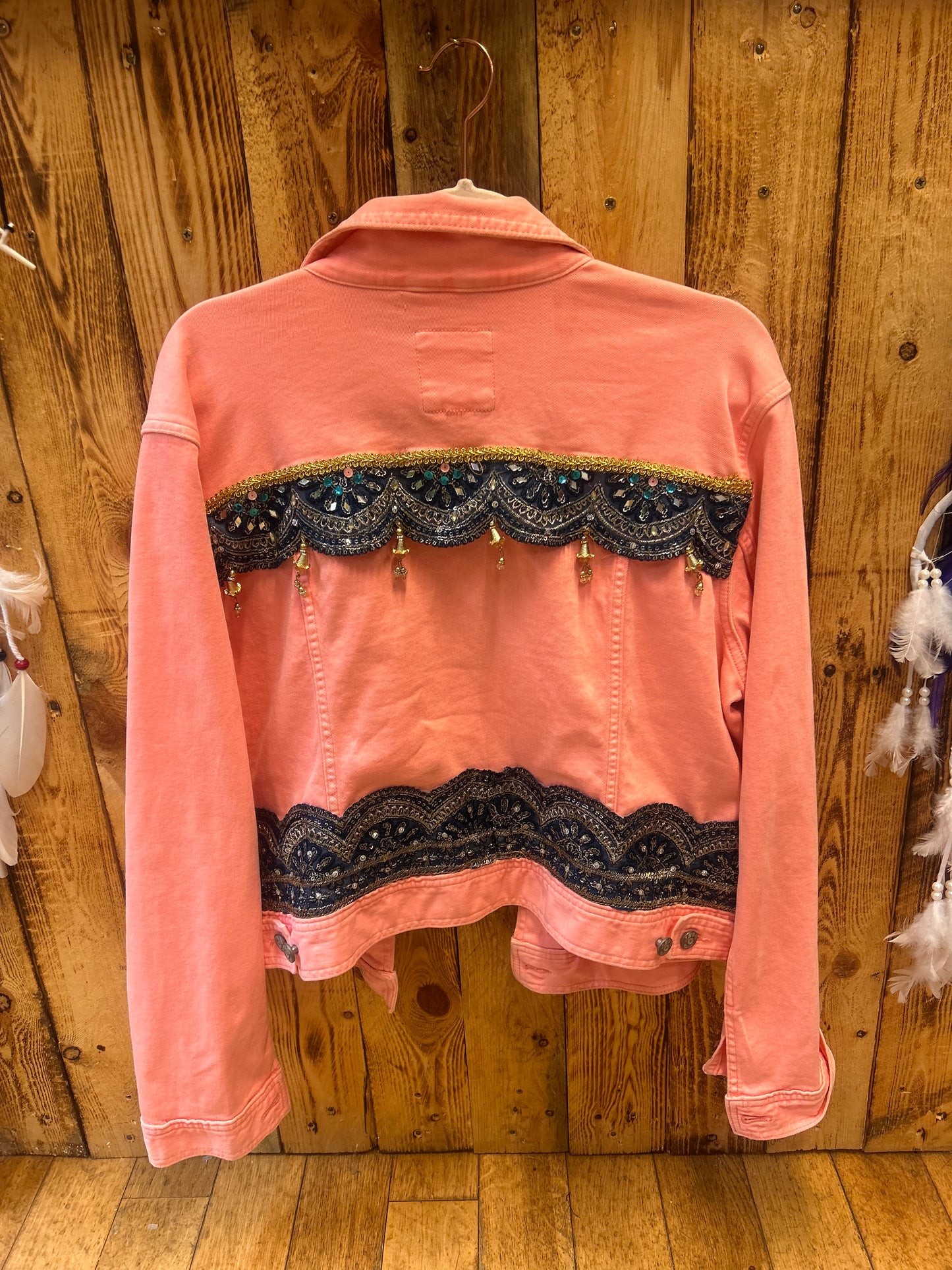 Customised Coral beaded denim Jacket – size 16