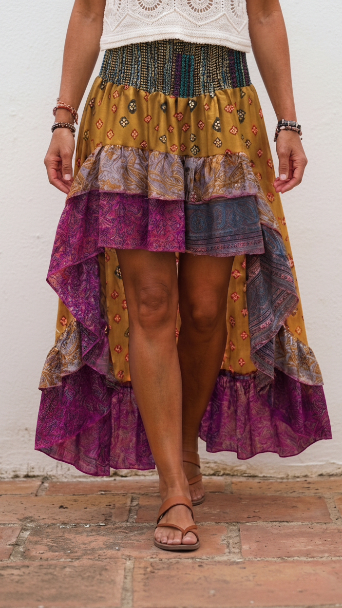 Aura Patchwork Recycled Sari Silk Skirt One Size 8-10