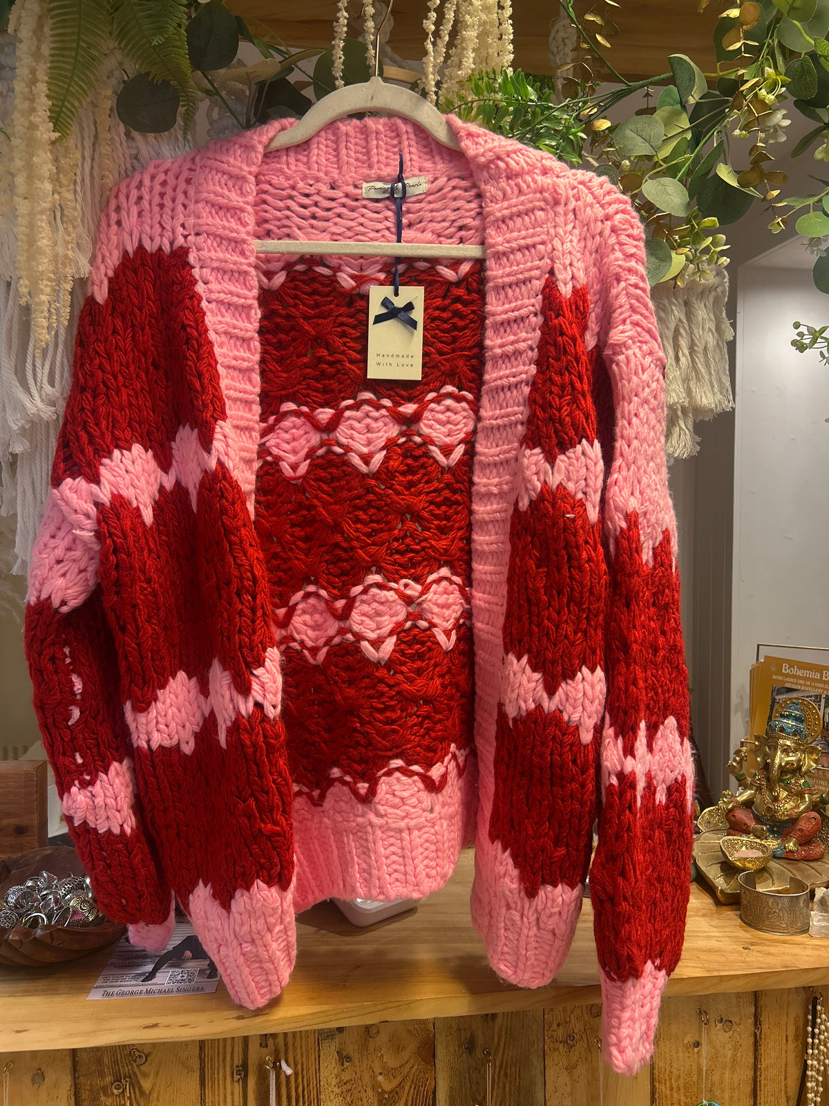 Handknitted Pink & Red Chunky Knit Cardigan one size 10-14