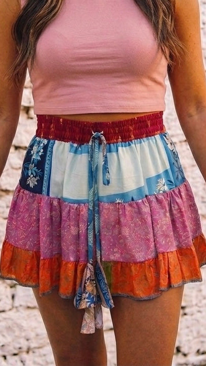 Devi Patchwork Recycled Sari Silk Mini Skirt one Size 8-10