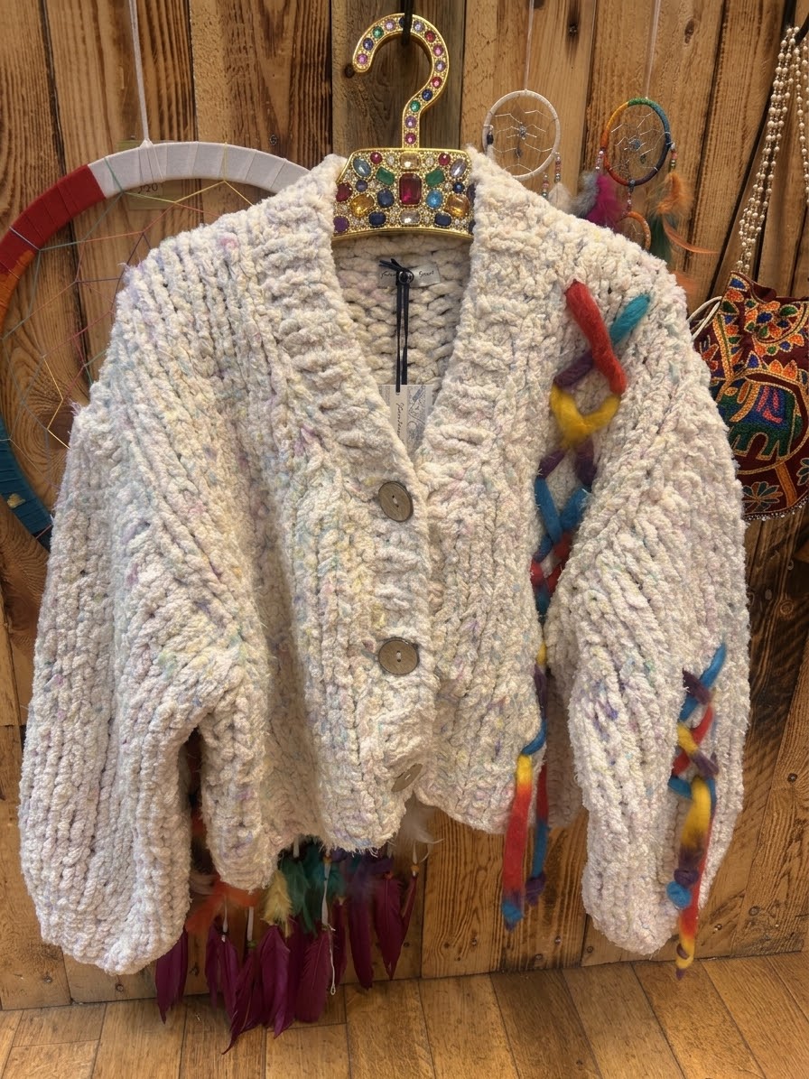 Cream Marl Chunky Cardigan with Colourful Felt Detail – One Size 10–14