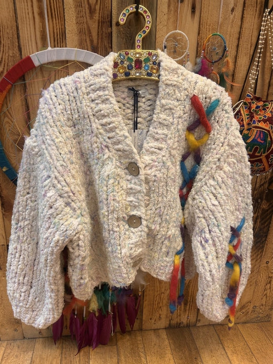 Cream Marl Chunky Cardigan with Colourful Felt Detail – One Size 10–14