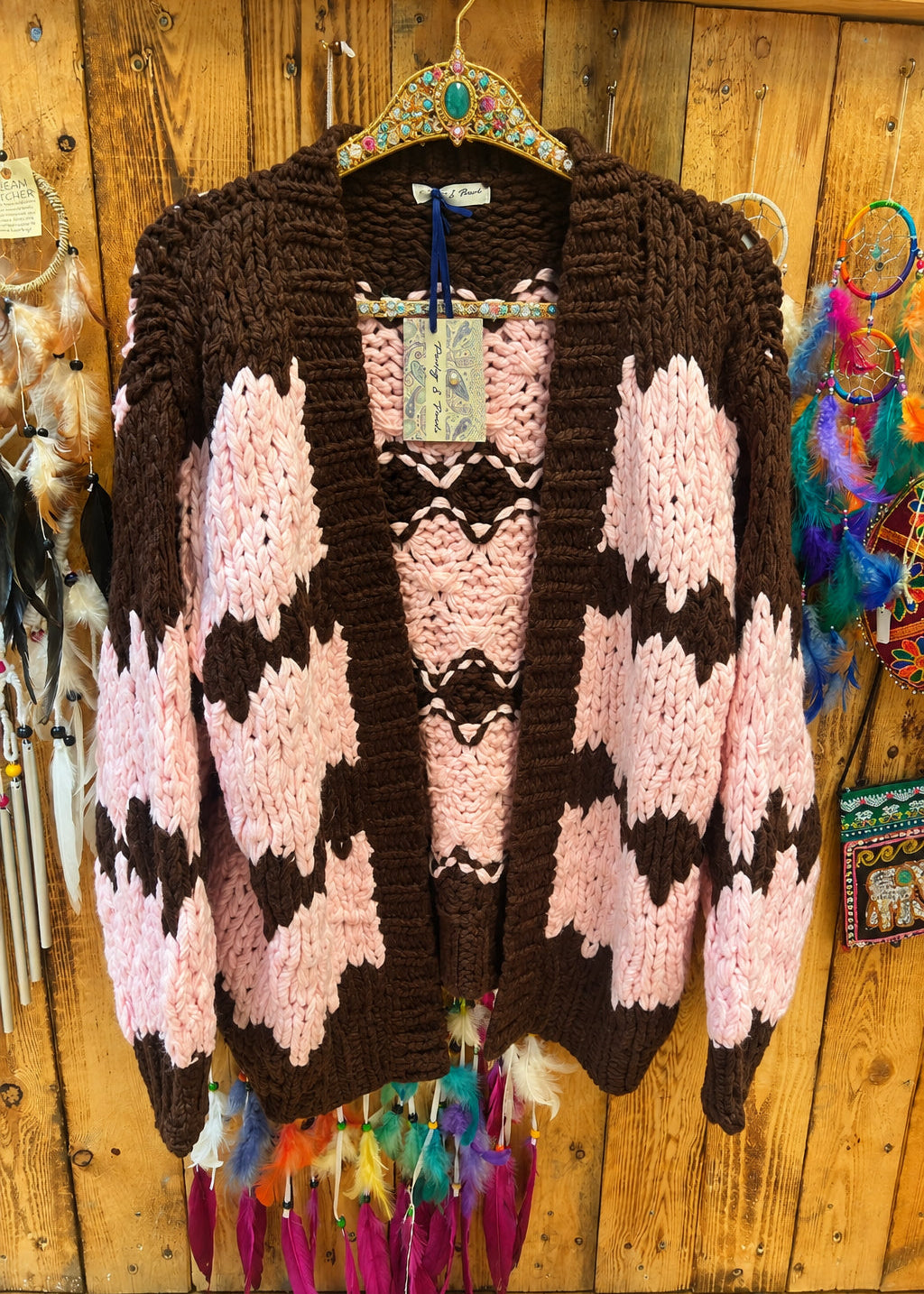 Handknitted Pink & Brown Chunky Knit Cardigan one size 10-14