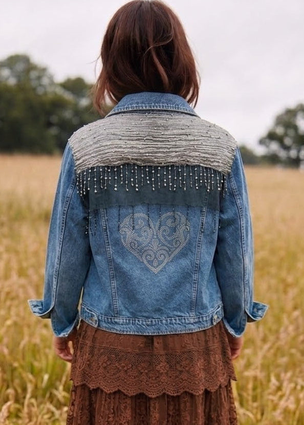 Customised Denim Jacket – Heart diamanté & bead tassel Detail size 18