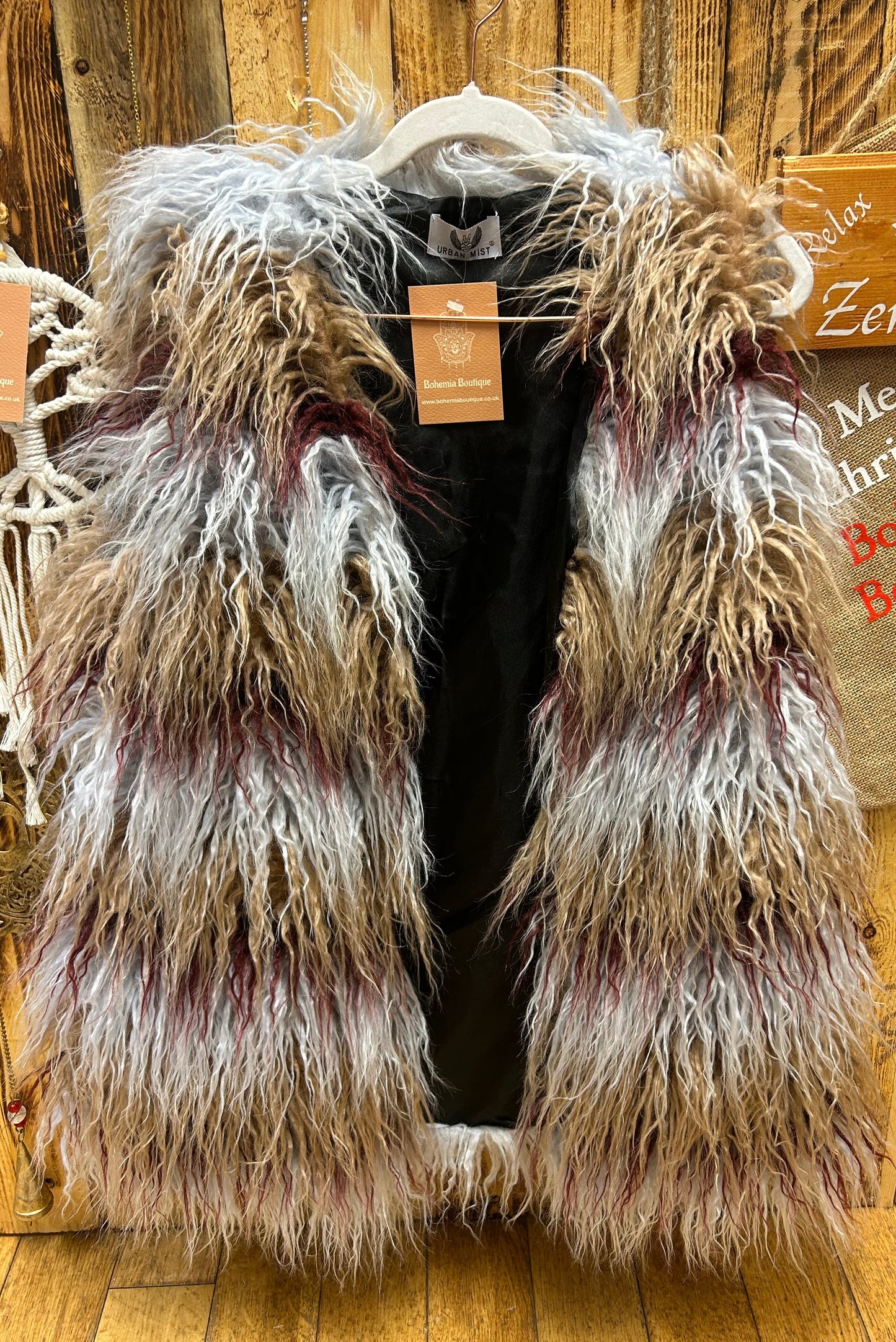 Shaggy dark red, grey, beige Faux Fur Gilet