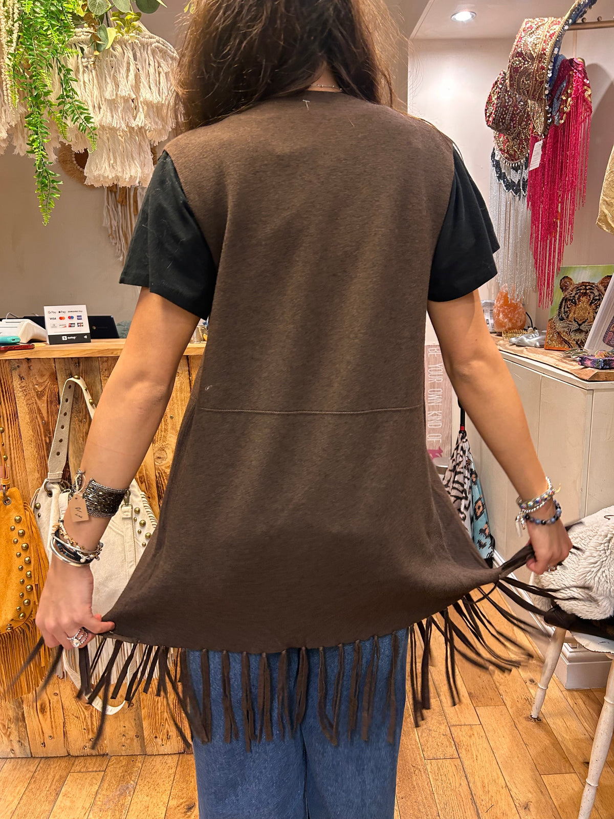 Fine Knit Fringe Tassel Sleeveless Cardi – Brown one size 8-12