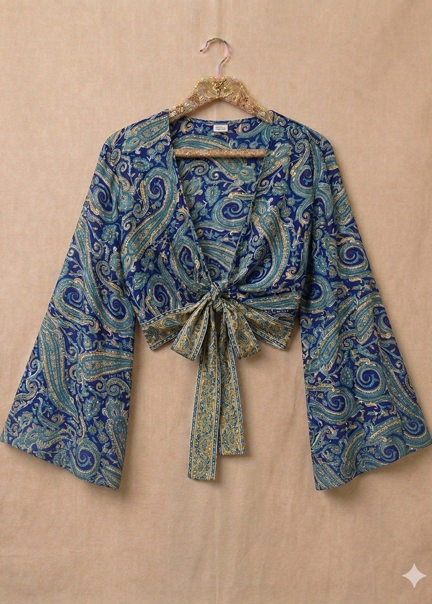 Bell Sleeve Butterfly Top – Blue Paisley Print