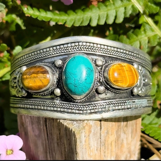 Handcrafted Tibetan Silver Triple Stone Bangle– Turquoise & Tiger's Eye