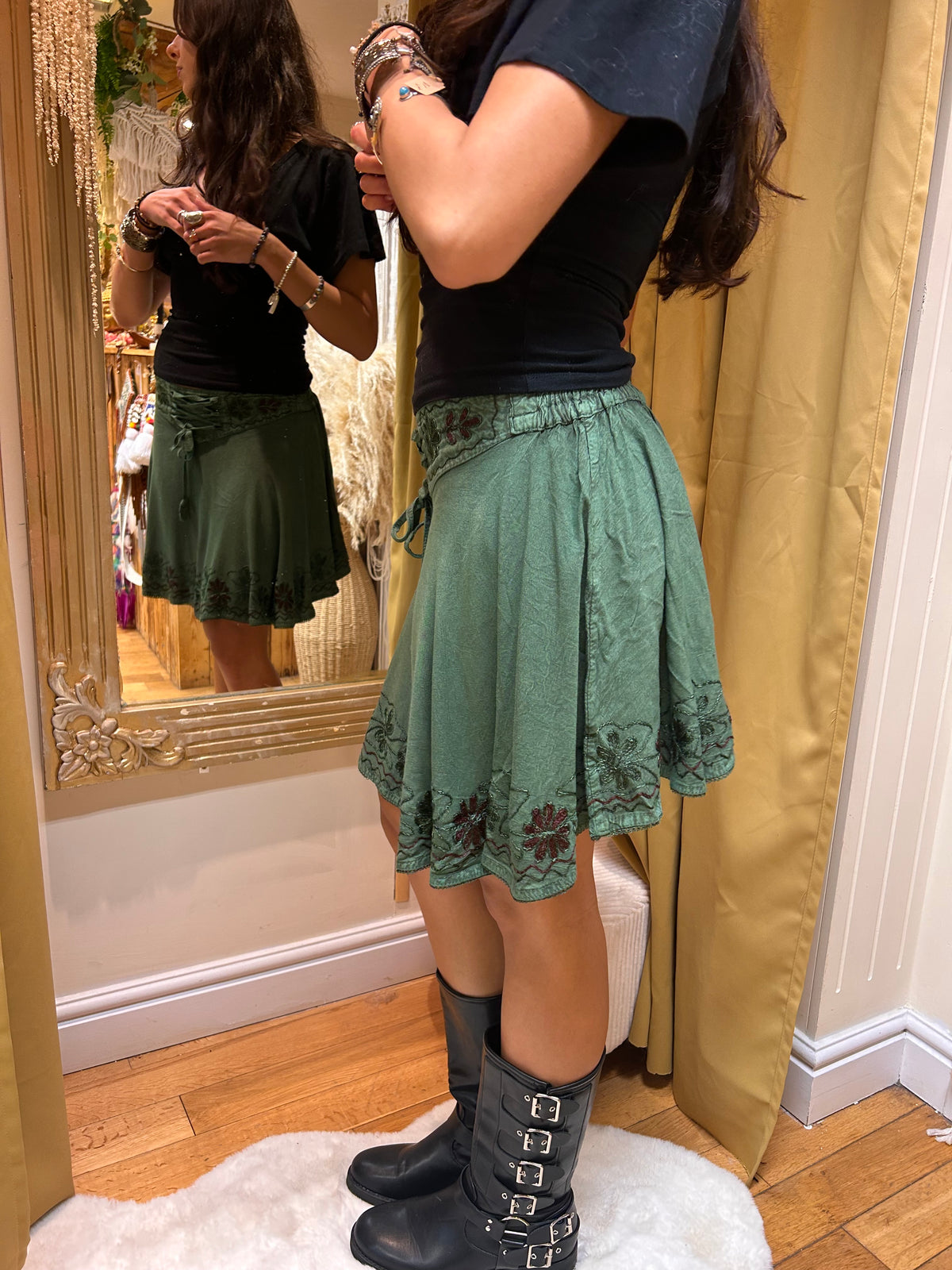 Embroidered Skater Skirt – Forest Green one size 8-14