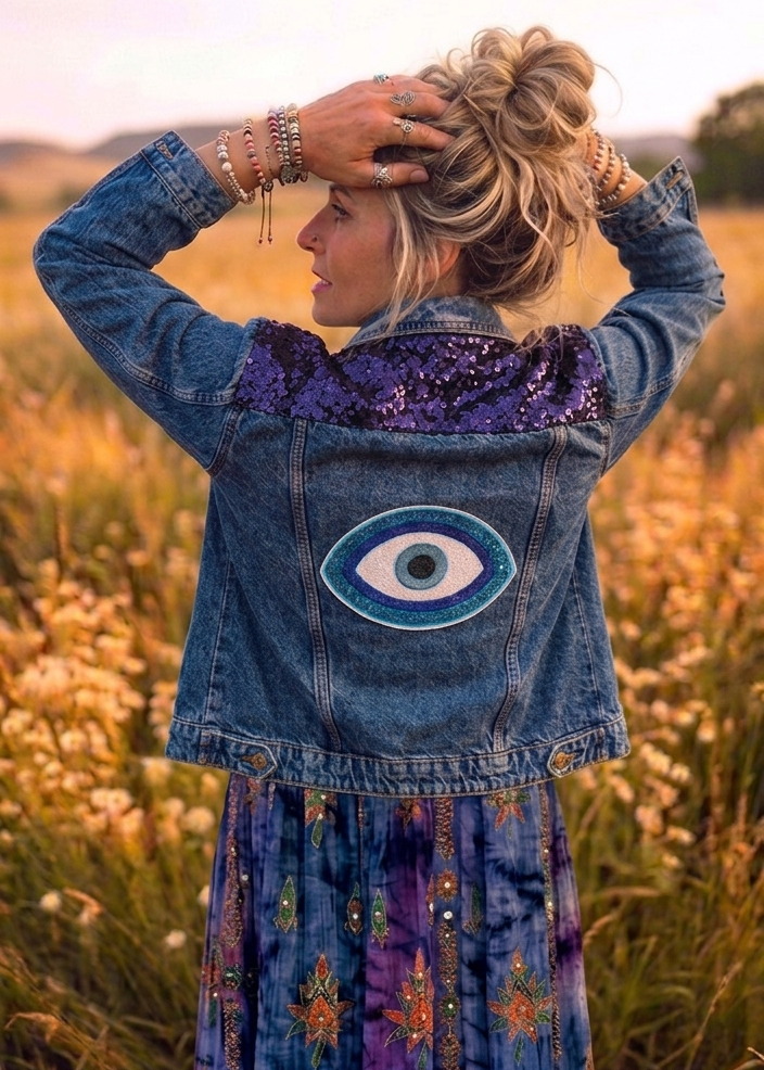 Evil Eye Sequin One of a Kind Customised Denim Jacket