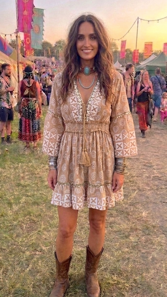 Shell Cream & Light Brown Geometric Print Boho Mini Dress