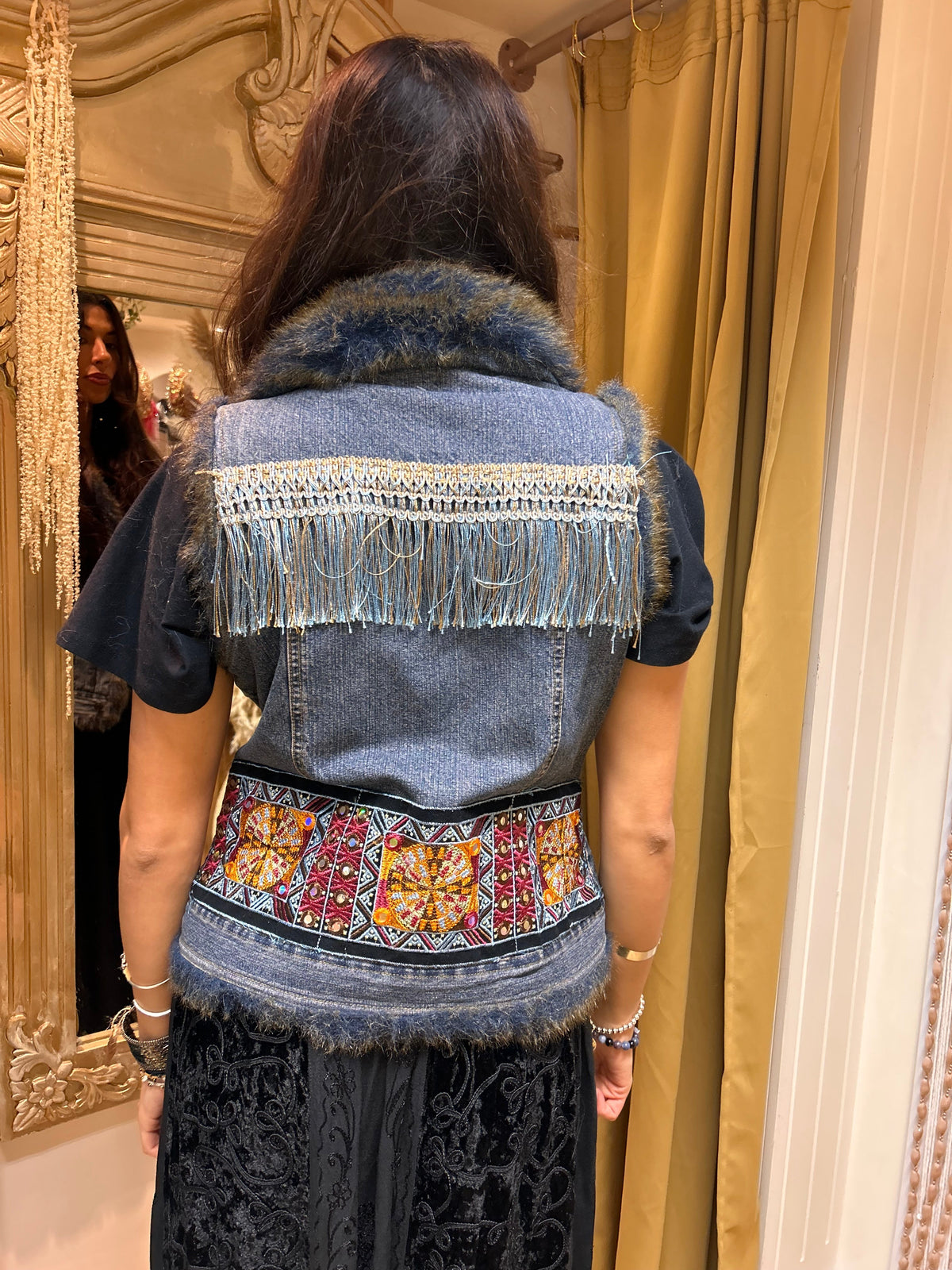 Reworked Denim Waistcoat – Fur Trim, Silver Tassel & Embroidered Back one size 8-12