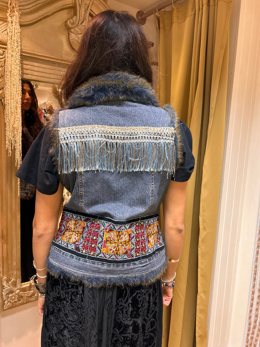 Reworked Denim Waistcoat – Fur Trim, Silver Tassel & Embroidered Back one size 8-12